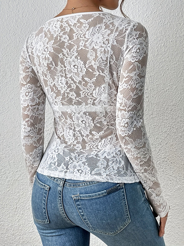 Lacy See-Through Solid Color Long Sleeves Skinny V-Neck T-Shirts