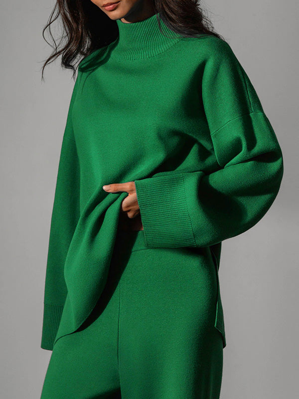 Casual Solid Color Irregularity High-Neck Sweater& Wide Leg Pants Suits