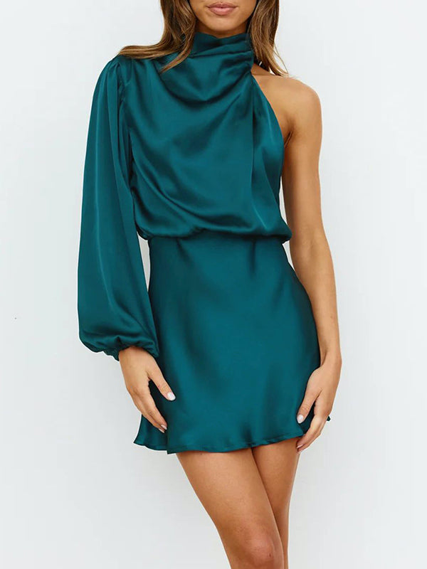 Asymmetric Elasticity Solid Color High Waisted Long Sleeves High Neck Mini Dresses