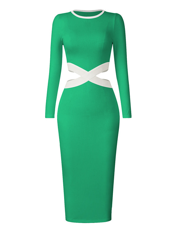 Hollow High Waisted Long Sleeves Round-Neck Midi Dresses