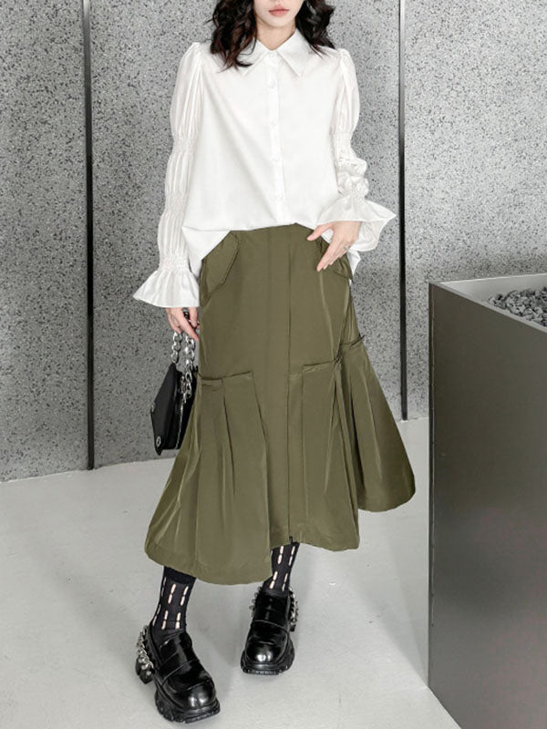 Pleated Solid Color Split-Joint Puff Sleeves Lapel Blouses