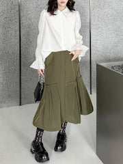 Pleated Solid Color Split-Joint Puff Sleeves Lapel Blouses