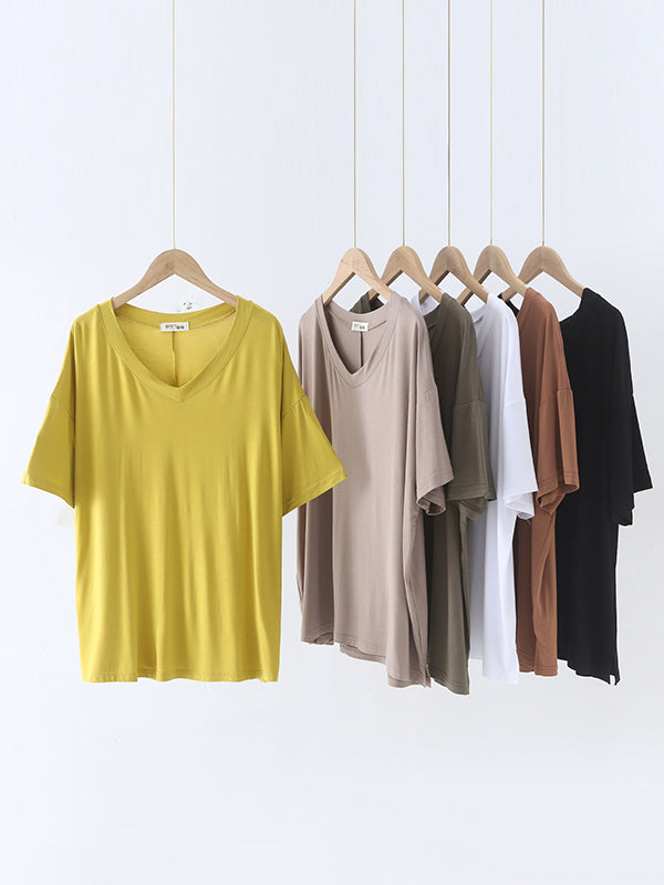 Solid Color Split-Joint Loose Short Sleeves V-neck T-Shirts Tops