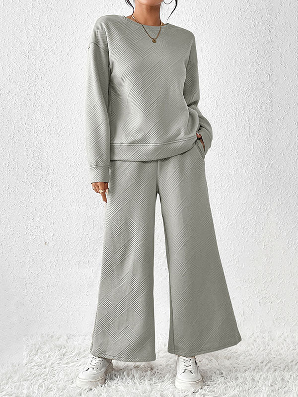 Round-Neck Long Sleeves Loose Solid Color Shirts Top + Drawstring Pants Bottom Two Pieces Set