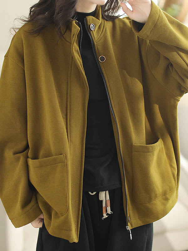 Buttoned Keep Warm Pockets Split-Joint Velvet Zipper Long Sleeves Loose Stand Collar Outerwear