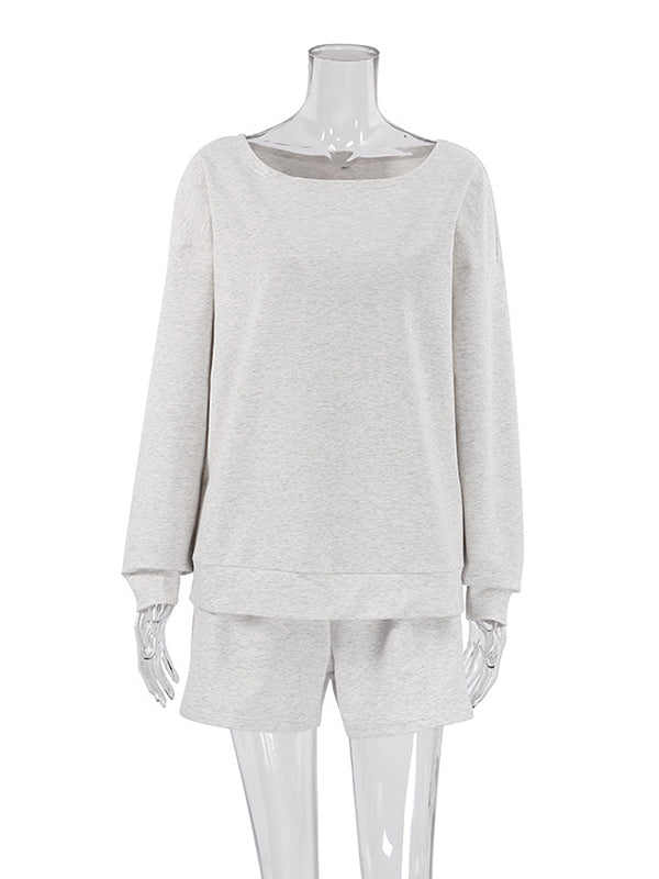 Round-Neck Long Sleeves Loose Elasticity Solid Color Shirts Top + Shorts Bottom Two Pieces Set
