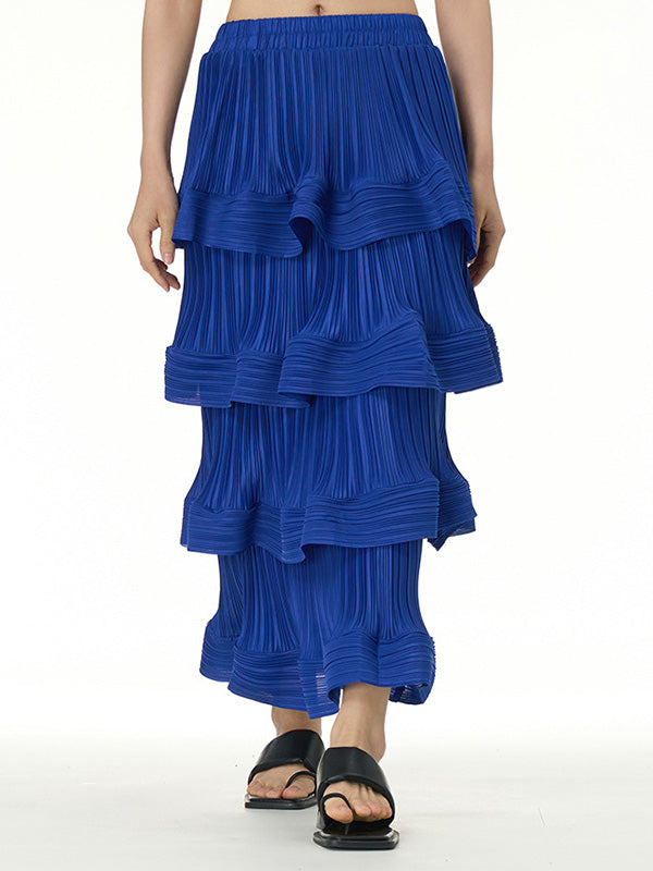Elasticity Layered Pleated Ruffled Solid Color Loose Skirts Bottoms