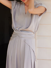 Knot Pleated Solid Color Split-Joint Loose Raglan Sleeve V-neck Blouses&shirts Tops
