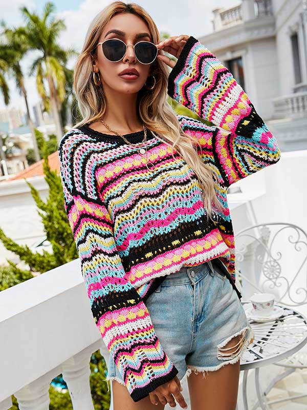 4 Colors Loose Contrast Color Round-Neck Sweater Top