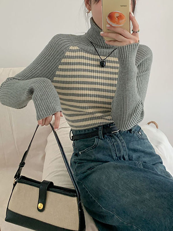 Contrast Color Striped Long Sleeves Skinny High Neck Sweater Tops Pullovers
