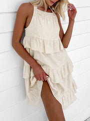 Ruffle Trim Solid Color Tied Zipper A-line Loose Spaghetti-Neck Mini Dresses