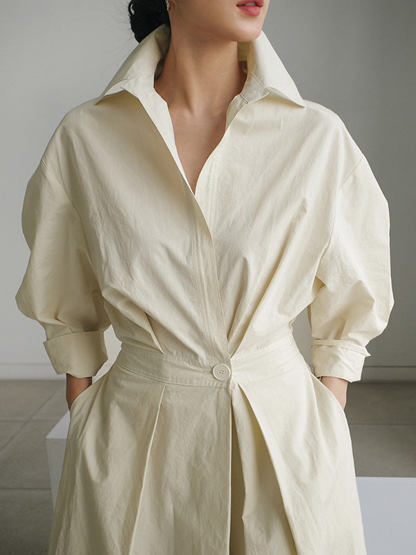 Original Solid Color Lapel Long Sleeves Midi Dress