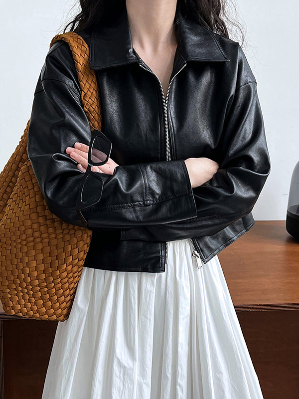 Solid Color Zipper Long Sleeves Loose Lapel Collar Outerwear Jackets&Coats