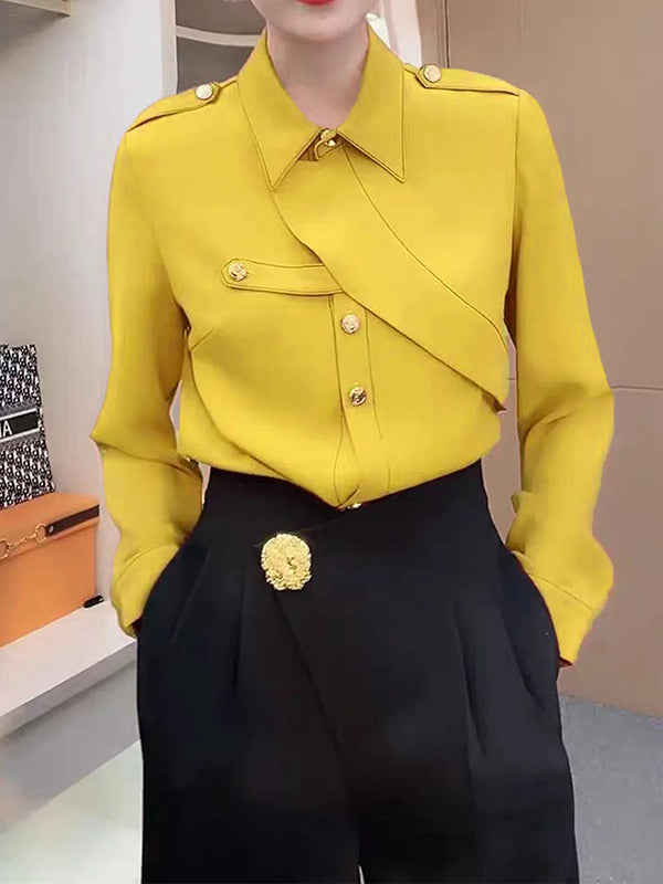 Buttoned Pleated High Waisted Wide Leg Trousers Pants