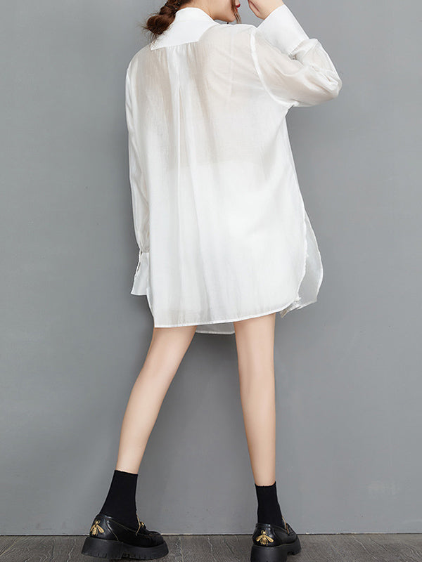 Buttoned Mesh Pockets Solid Color Split-Joint Sun Protection Tied Waist False Two Long Sleeves Notched Collar Outerwear Blazer