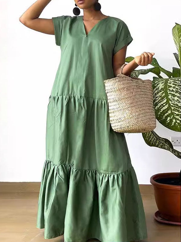 Pleated Solid Color Split-Joint A-line Loose V-neck Maxi Dresses