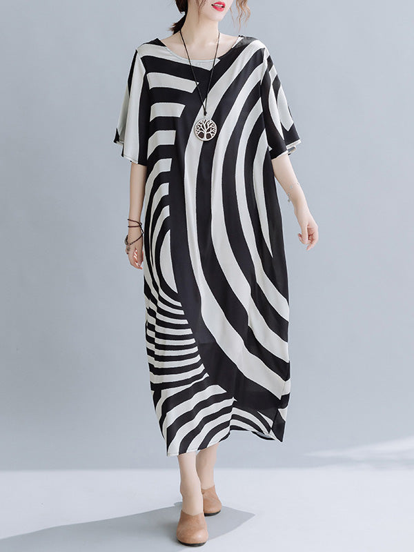Original Striped Irregularity Round-Neck Midi Dress