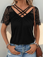 Solid Color Split-Joint Loose Short Sleeves V-Neck T-Shirts Tops