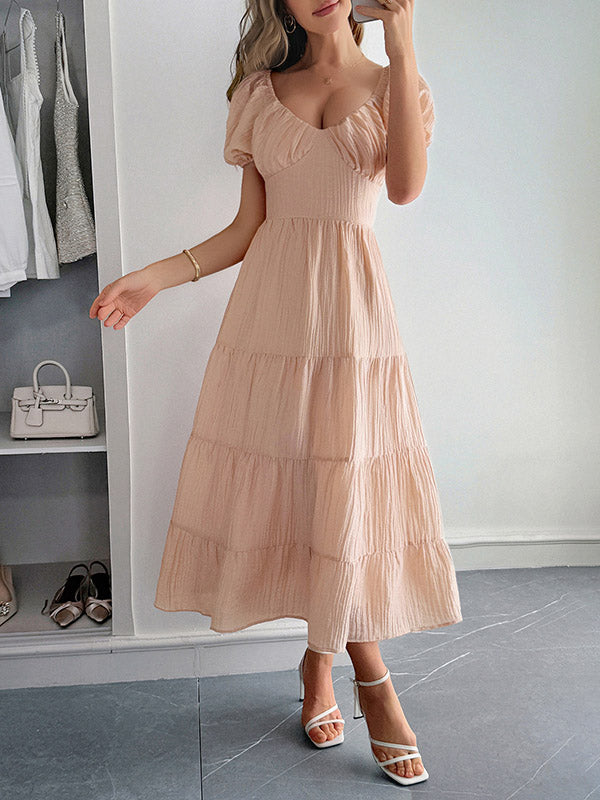 Backless Pleated Solid Color Tied A-Line Loose V-Neck Midi Dresses