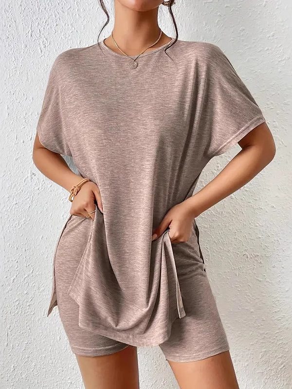 Solid Color Split-Joint Split-side Loose Raglan Sleeve Round-neck Pajama Sets
