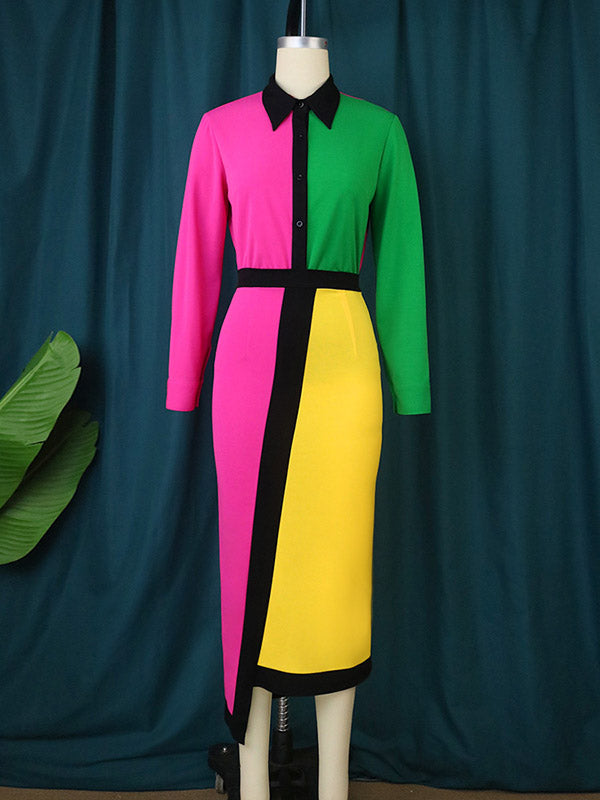 Asymmetric Buttoned Contrast Color Split-back High Waisted Long Sleeves Lapel Midi Dresses