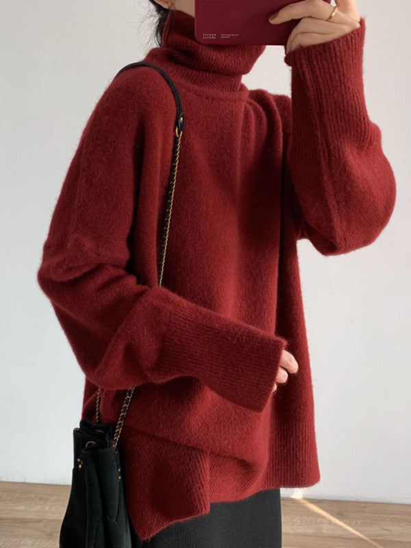Solid Color Split-Joint Split-Side Long Sleeves Loose High Neck Sweater