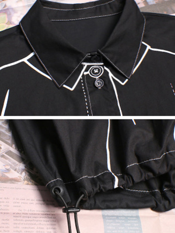 Casual Contrast Color Printed Drawstring Blouse Top