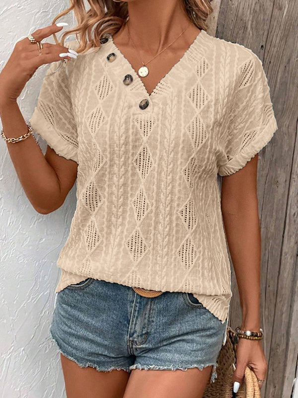 Buttoned Solid Color Loose Short Sleeves V-Neck T-Shirts Tops