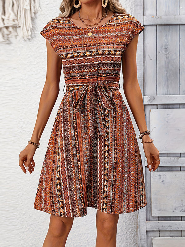 Contrast Color Tied Waist A-Line Loose Round-Neck Mini Dresses