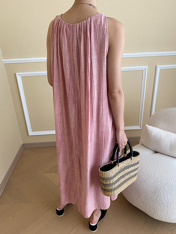 Pleated Solid Color A-Line Loose Round-Neck Midi Dresses