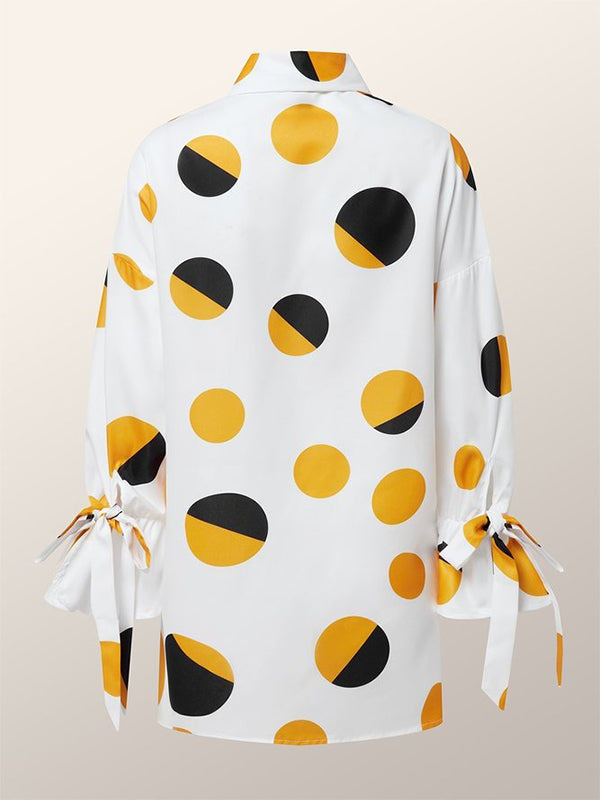 Contrast Color Polka Dot Printed Long Sleeves Loose Lapel Blouses