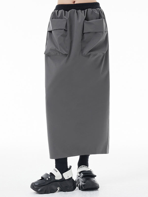 Pleated Pockets Split-Back A-Line High Waisted Skirts Bottoms