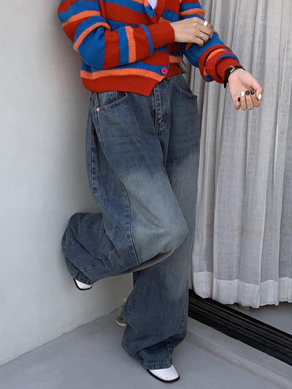 Pleated Split-Joint High Waisted Loose Jean Pants Bottoms