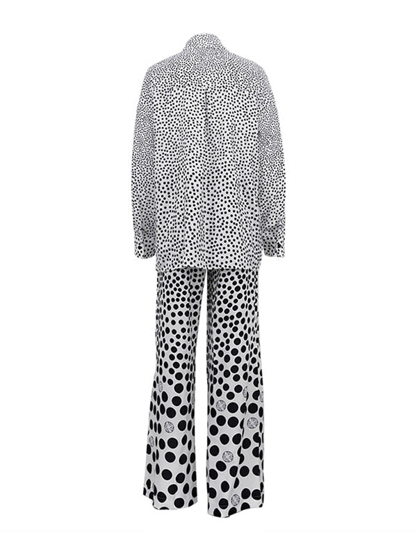 Polka-Dot Long Sleeves Loose Buttoned Contrast Color Pockets Lapel Blouses Tops + Pants Bottom Two Pieces Set