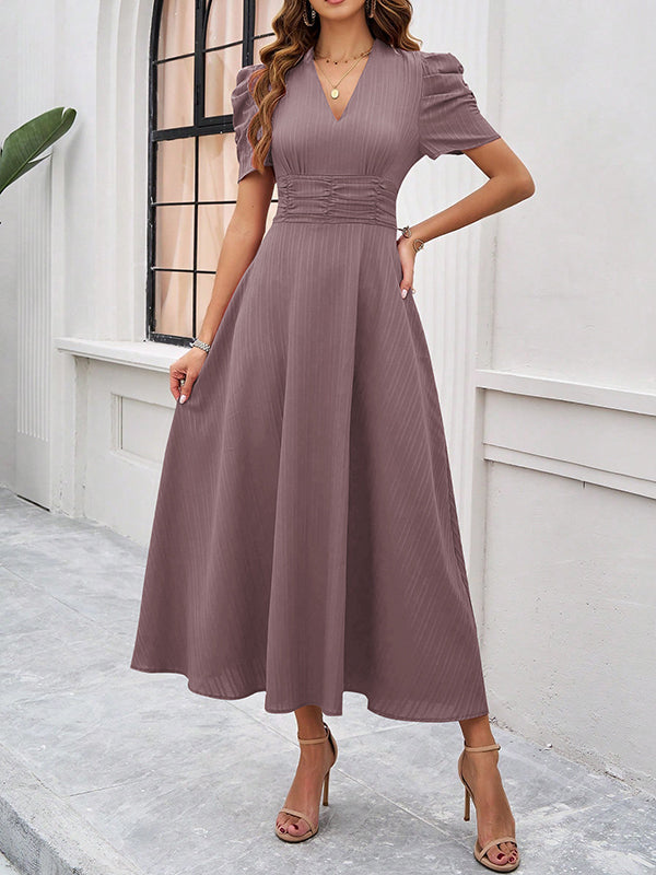 Pleated Solid Color Zipper A-Line High Waisted V-Neck Maxi Dresses