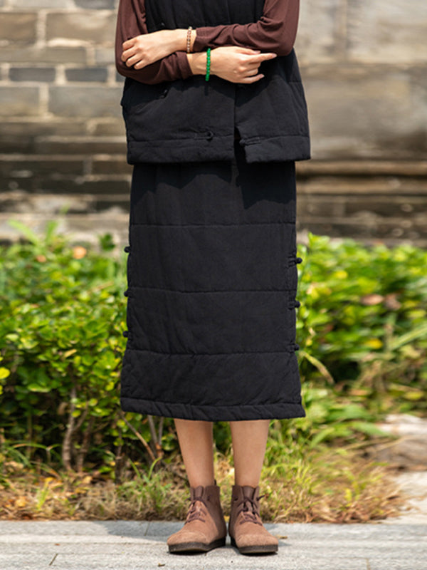 Cotton-Padded Clothes Keep Warm Quilted Solid Color Split-Joint Velvet Loose Skirts Bottoms