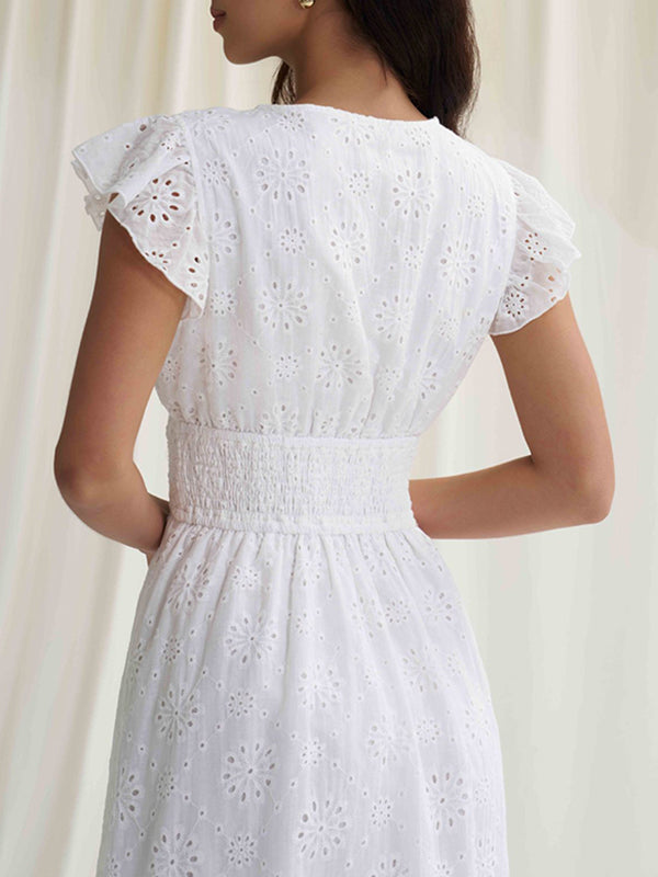 Elasticity Hollow Pleated Solid Color A-Line Loose V-Neck Mini Dresses