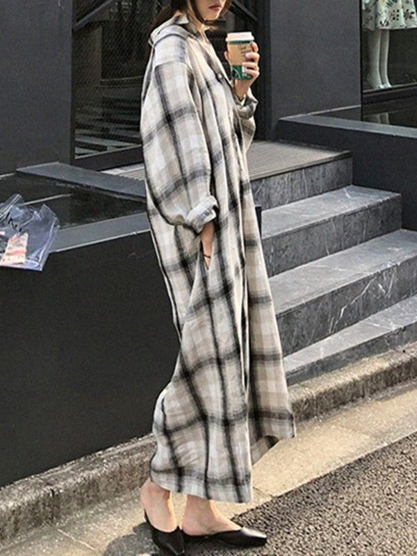 Plaid Split-Joint Tied Waist Long Sleeves Loose Lapel Shirt Dress Maxi Dresses