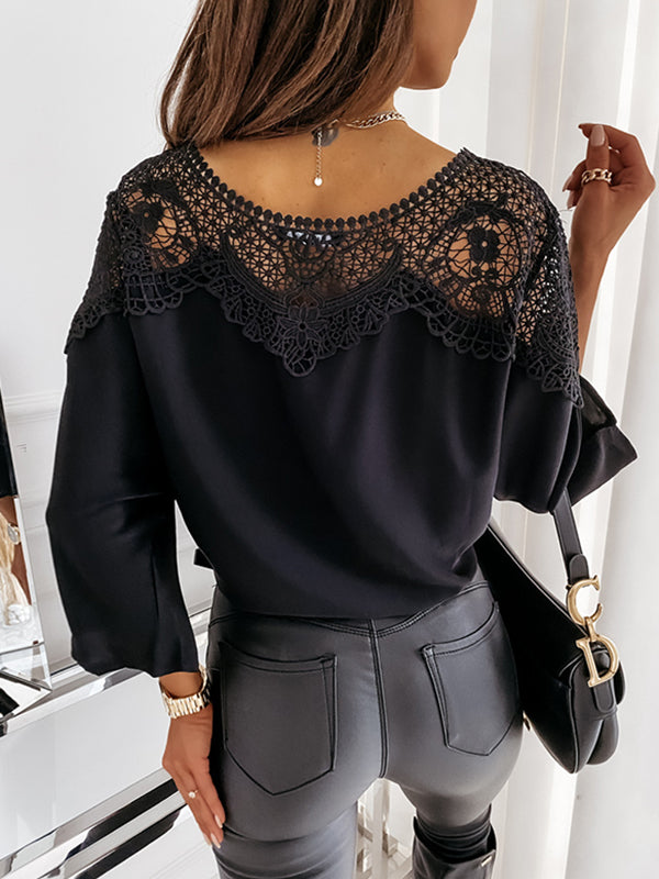 Solid Color Split-Joint Long Sleeves Loose Round-Neck Blouses&Shirts Tops