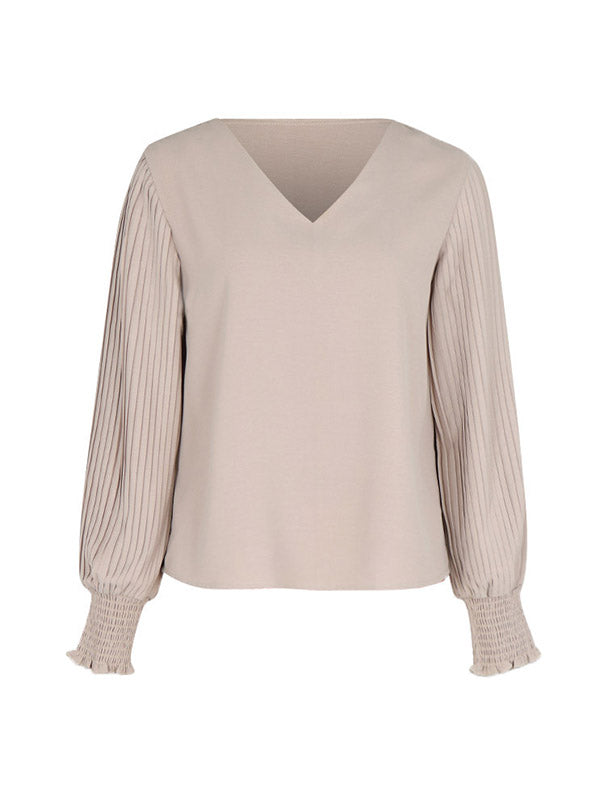 Elasticity Pleated Solid Color Long Sleeves Loose V-Neck T-Shirts Tops