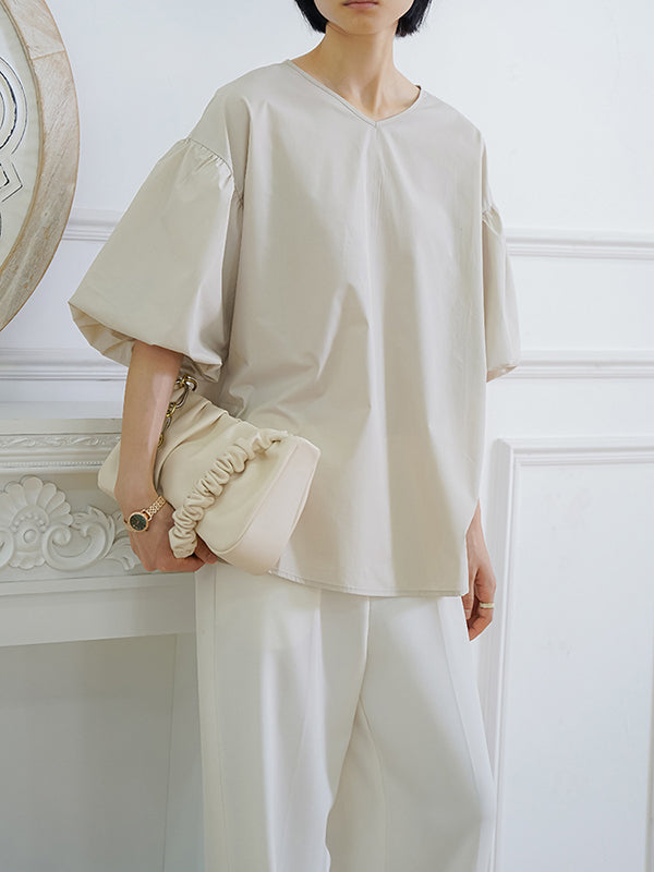 Solid Color Half Sleeves Loose V-Neck Blouses&Shirts Tops