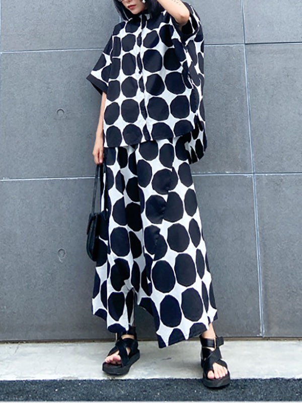 Round-Neck Batwing Sleeves Buttoned Polka-Dot Shirts Top + Elasticity Pockets Harem Pants Pants Bottom Two Pieces Set
