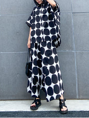 Round-Neck Batwing Sleeves Buttoned Polka-Dot Shirts Top + Elasticity Pockets Harem Pants Pants Bottom Two Pieces Set