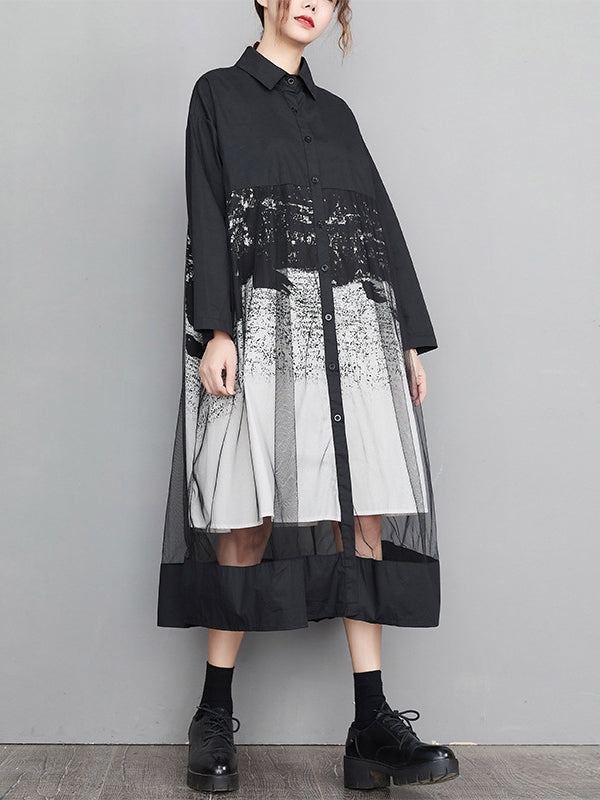 Buttoned Gauze Printed Split-Joint A-Line Long Sleeves Lapel Midi Dresses
