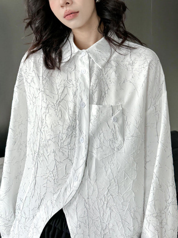 Abstract Printed Asymmetric Buttoned Wrinkled Irregularity Long Sleeves Lapel Blouses&Shirts Tops