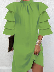 Layered Pleated Solid Color Flared Sleeves Half Sleeves Mock Neck Mini Dresses