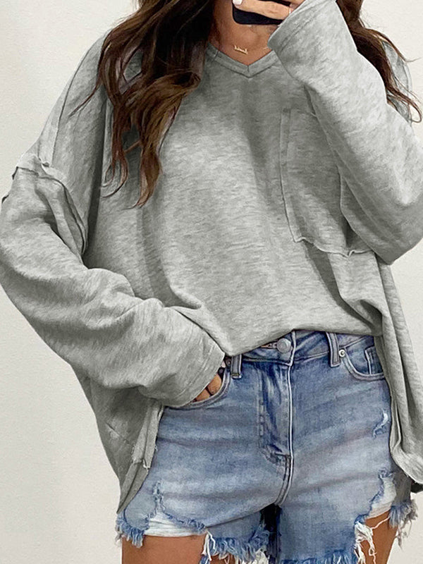 Pockets Solid Color Split-Joint Long Sleeves Loose Round-Neck T-Shirts Tops