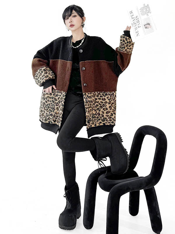 Buttoned Contrast Color Reversible Split-Joint Long Sleeves Loose Round-Neck Outerwear Cardigan Tops