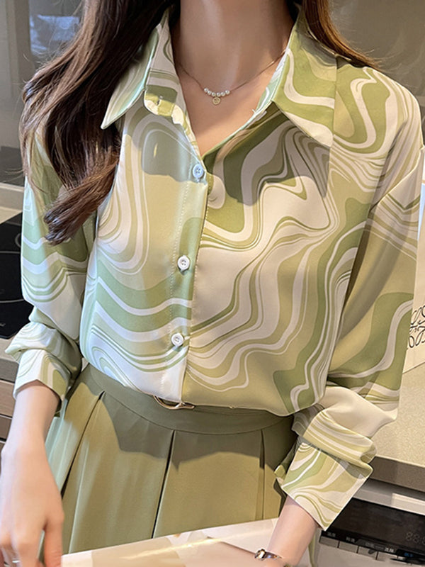 Buttoned Printed Long Sleeves Loose Lapel Blouses&Shirts Tops
