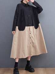 Original Loose Long Sleeves Buttoned Contrast Color Lapel Collar Midi Dresses